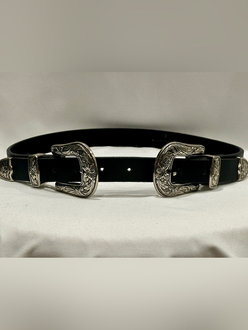 B-Low The Belt Genuine Leather Double Buckle Belt M Black Floral Silver